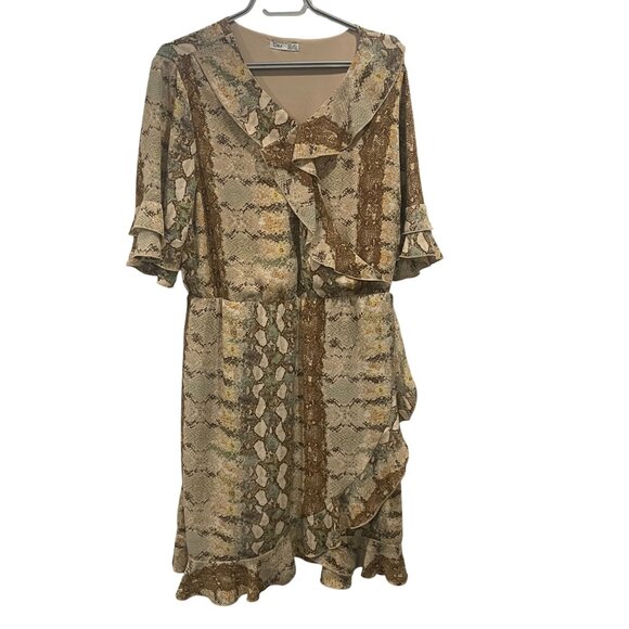 Dex Snakeskin Print V-Neck Ruffled Flutter Sleeve Faux Wrap Midi Dress 1X Earthy - Picture 9 of 11